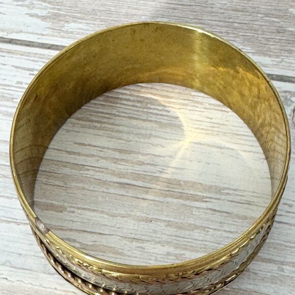 Artisan Chunky Wide Gold Silver Brass Textured Stripes Leaf Bangle Bracelet - Picture 7 of 16